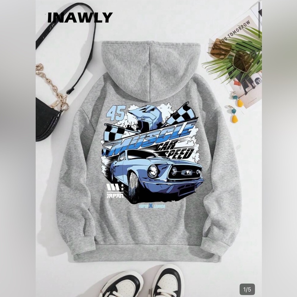 Gray Muscle Car Graphic Hoodie
